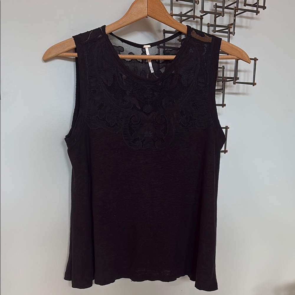 Free People Black Embellished Blouse with Round Neckline